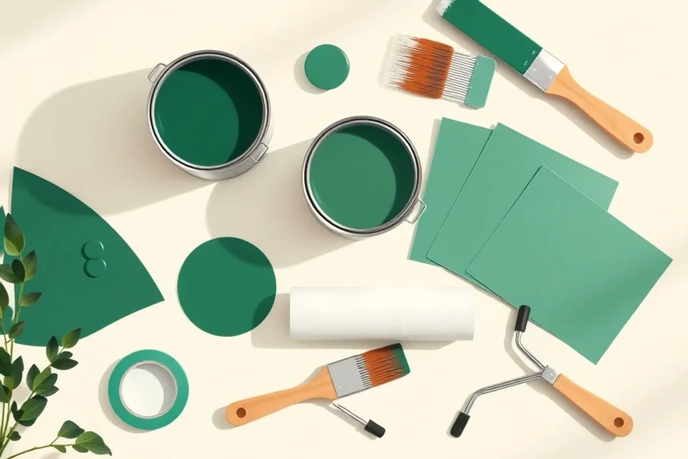 Pots de peinture, nuancier, brosses et rouleaux disposés à plat