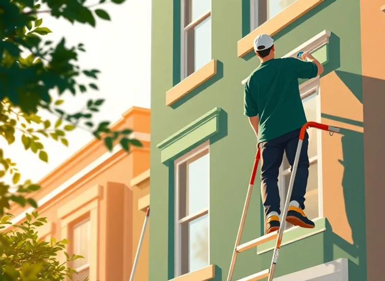 Peintre sur échafaudage traitant la façade d'une maison
